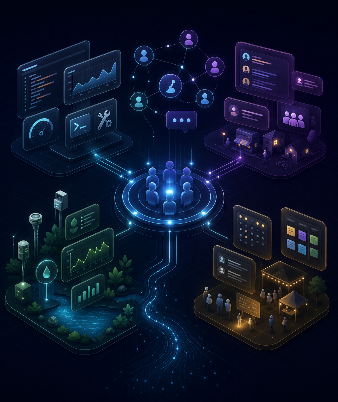 Dark-mode illustration of a shared community technology hub connecting tools, neighbors, environmental data, and local projects.